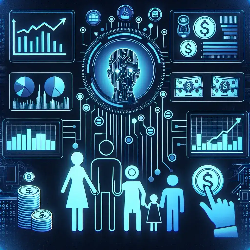 "Ilustrasi algoritma AI yang mendukung perencanaan keuangan pribadi dan penganggaran terpersonalisasi, menampilkan grafik dan diagram pemetaan data keuangan."
