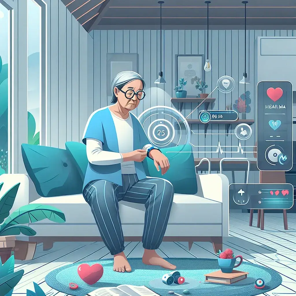 "Ilustrasi perangkat wearable untuk monitoring kesehatan lansia di Indonesia, menunjukkan penggunaan teknologi terkini untuk meningkatkan kesejahteraan masyarakat lansia."