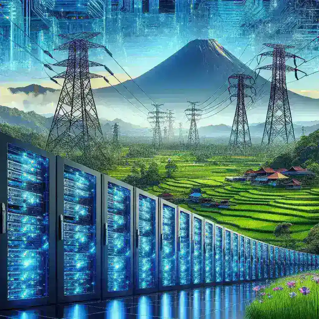 "Indonesian data center infrastructure with power lines and cooling systems, symbolizing the country's readiness to become a regional data center hub with an additional 500 MW electricity capacity."